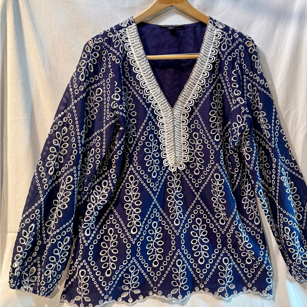 Boston Proper Navy Blue V-Neck Blouse with White Embroidery